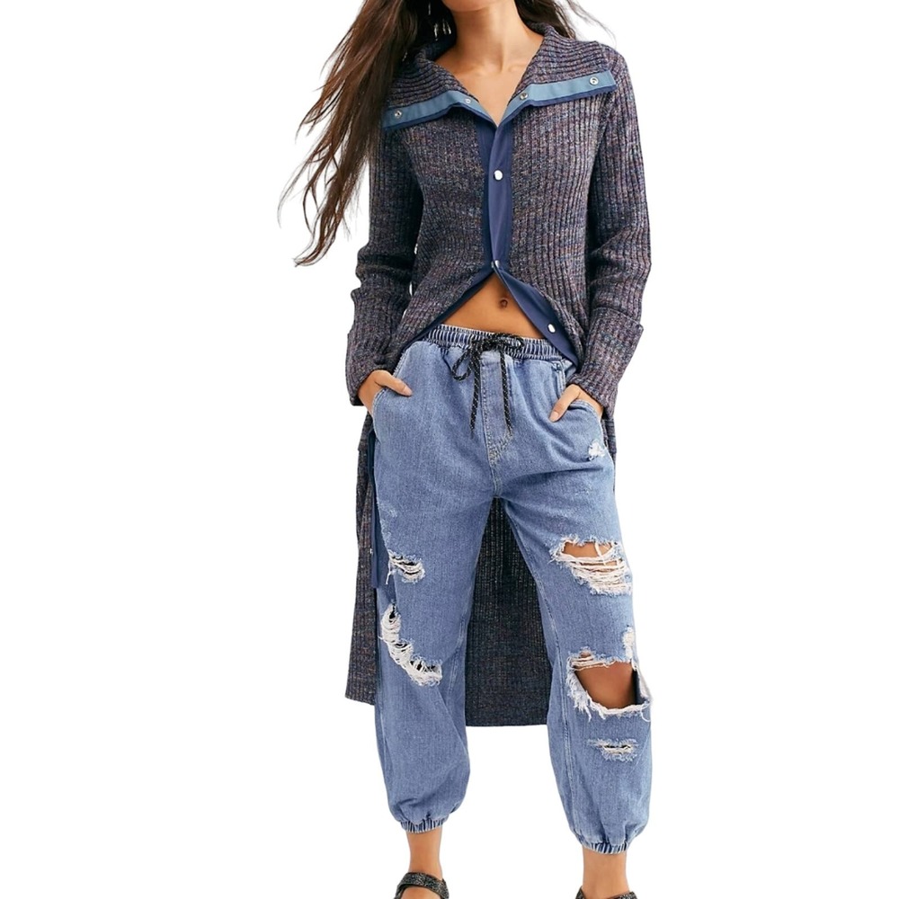 Free People Boho Under the Boardwalk Long Cardigan Sweater Coat. Navy. XS